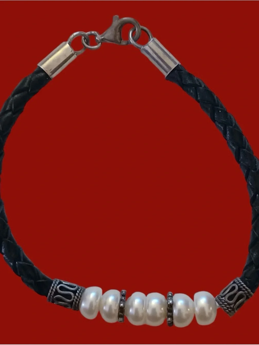 925 Sterling Silver Natural Pearl Braided Leather Bracelet 7.5